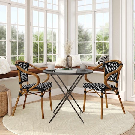 Flash Furniture Bordeaux French Bistro Stacking Chair w/Arms, Black/White PE Rattan/Bamboo Print Alum Frame, 2PK 2-SDA-ADS642142-BKWH-NAT-GG